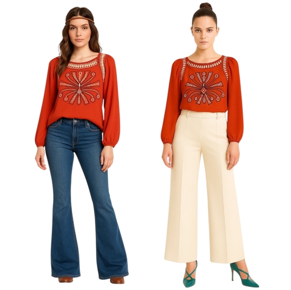 Joy Joy Tops - JOYJOY Embroidered Blouse Bohemian Office Orange Pumpkin NWT